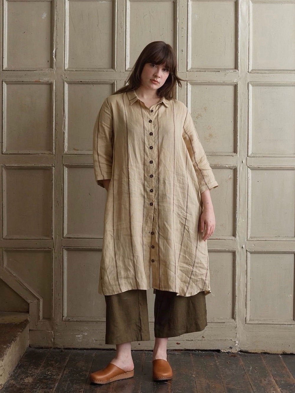 PYNE & SMITH No. 39 Tan European Flax Linen Striped Tunic Dress